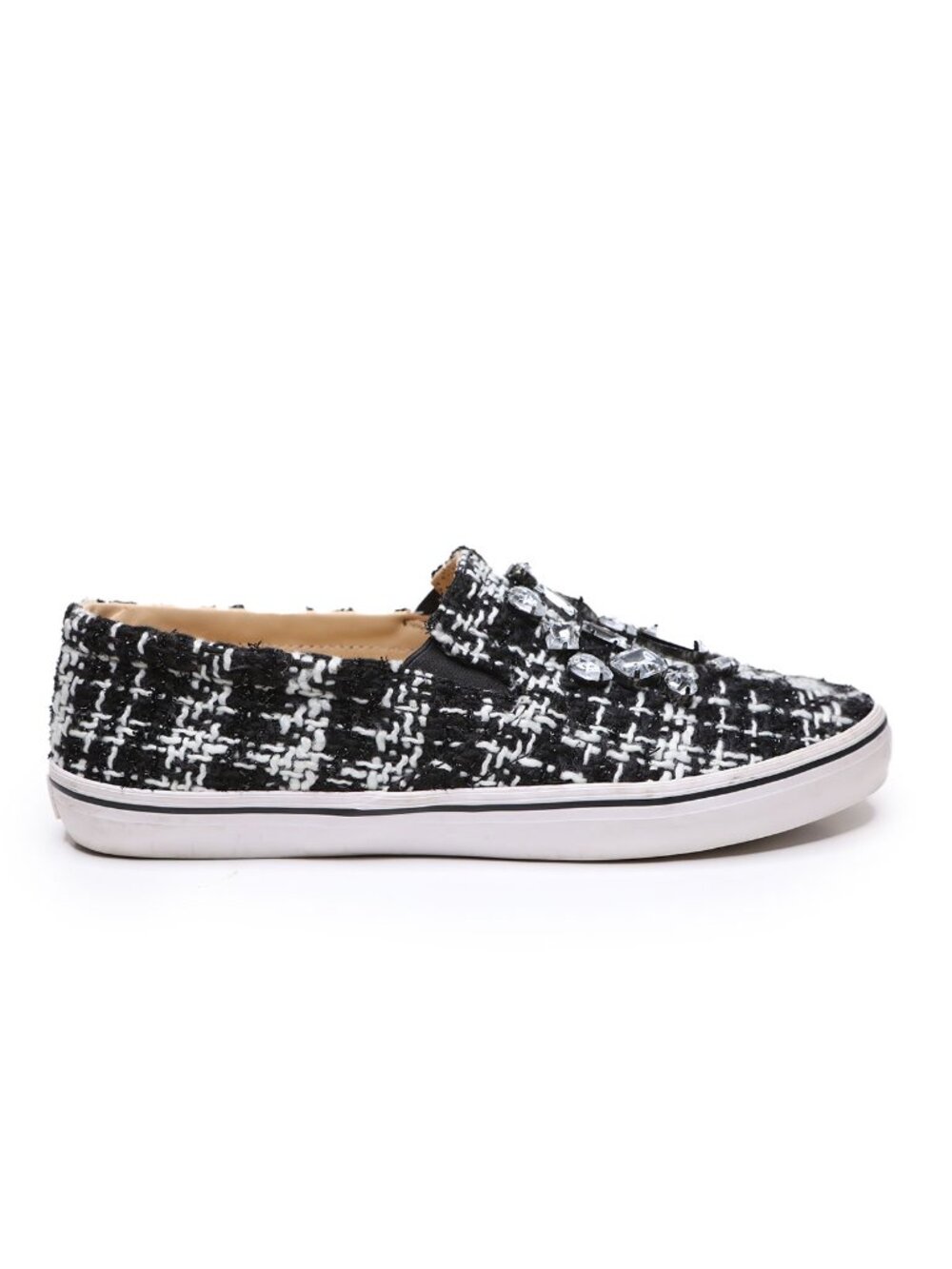 Kate Spade Slater Tweed Crystal Embellished Slip On Sneakers Black White 8.5 - Picture 3 of 13